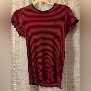 NWT Volcom red and black striped shirt with scalloped hem
